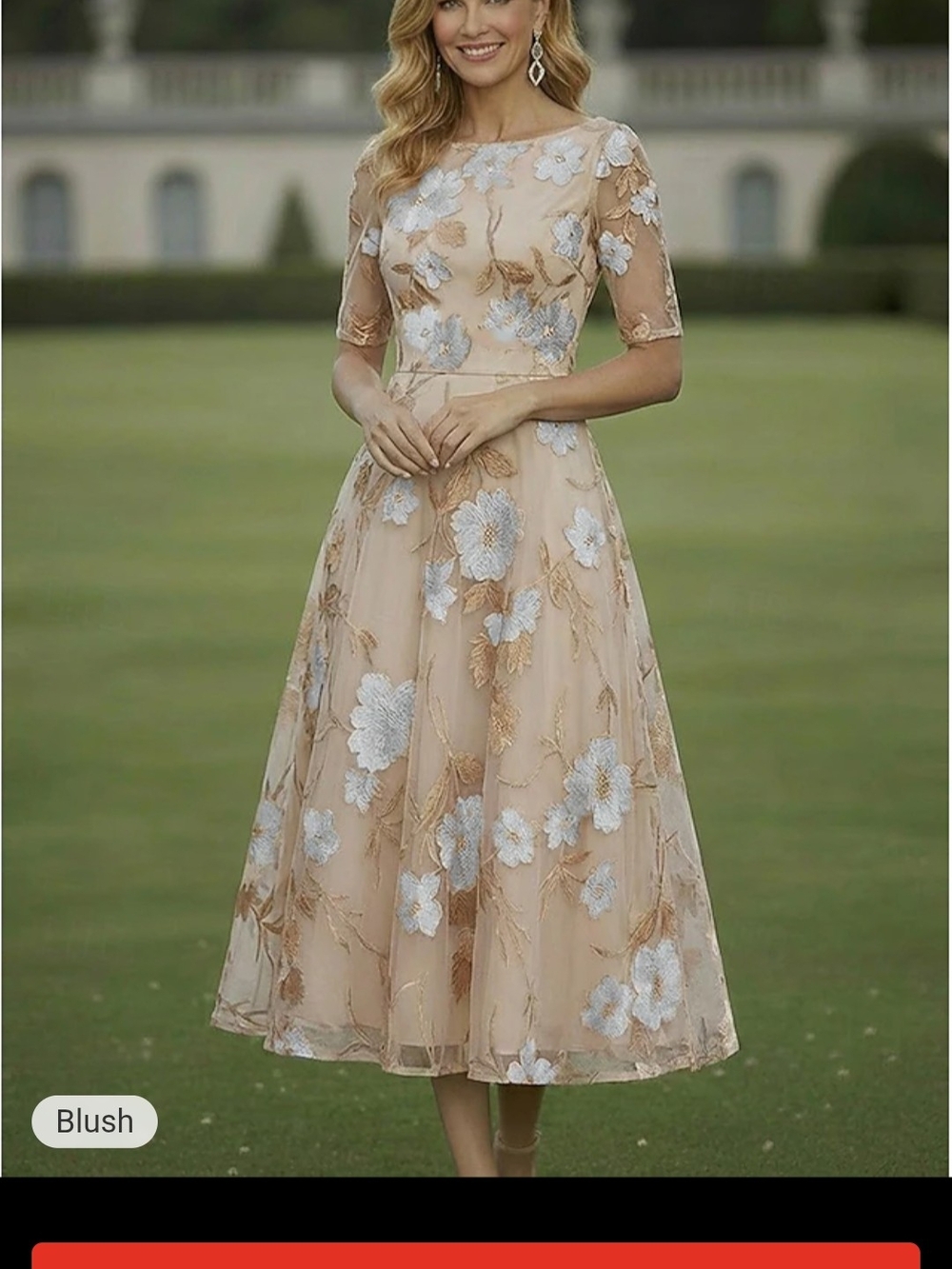 Blush Floral Midi Dress with Embroidered Appliqué